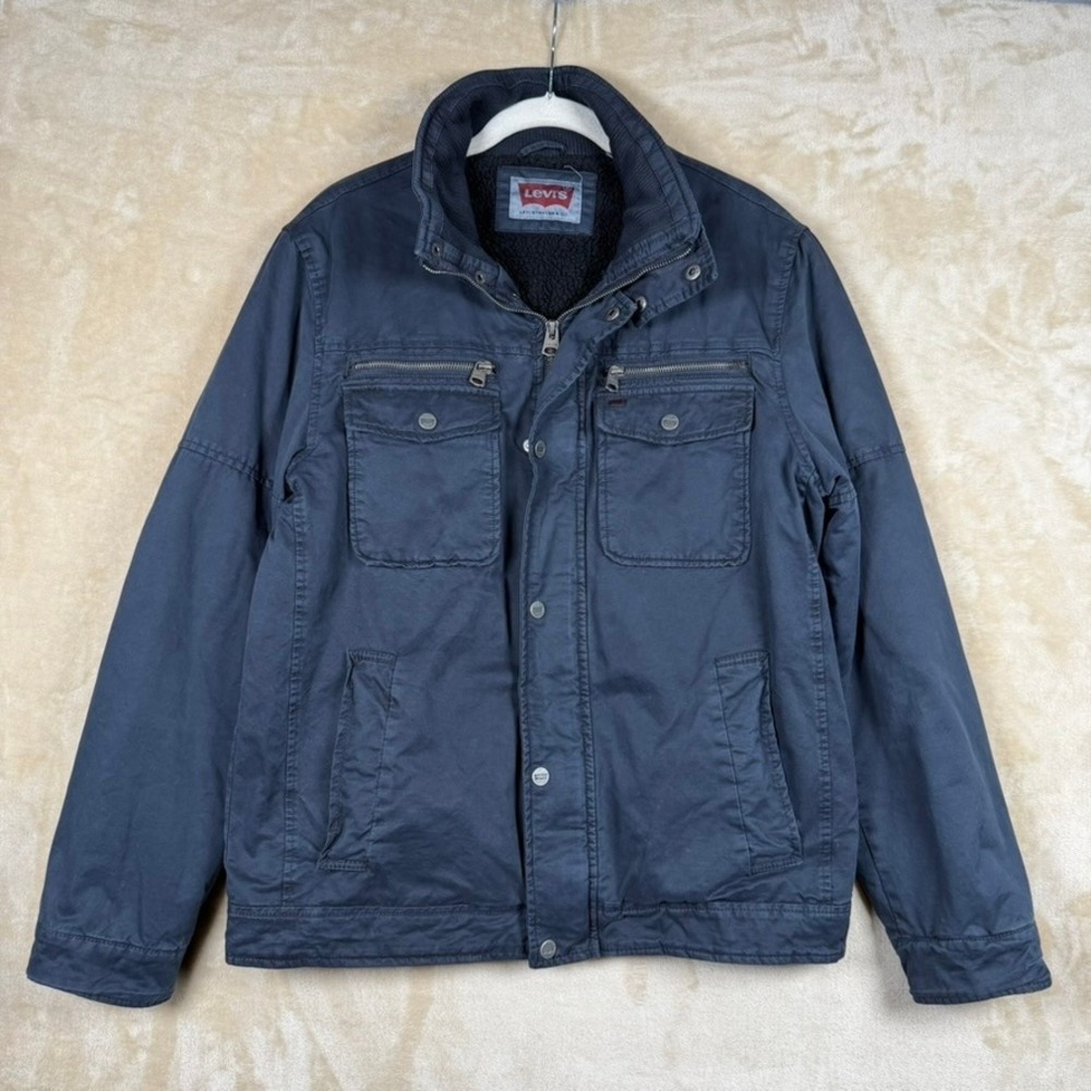 Levis Mens Navy Blue Cotton Sherpa Lined Field Jacket Utility Barn Coat Rugged